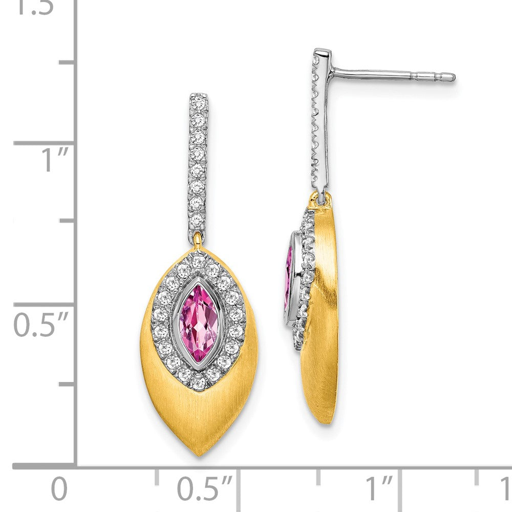 Solid 14k Two-tone Created PinK Simulated Sapphire and CZ Dangle Earrings
