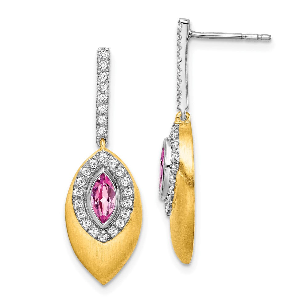 Solid 14k Two-tone Created PinK Simulated Sapphire and CZ Dangle Earrings
