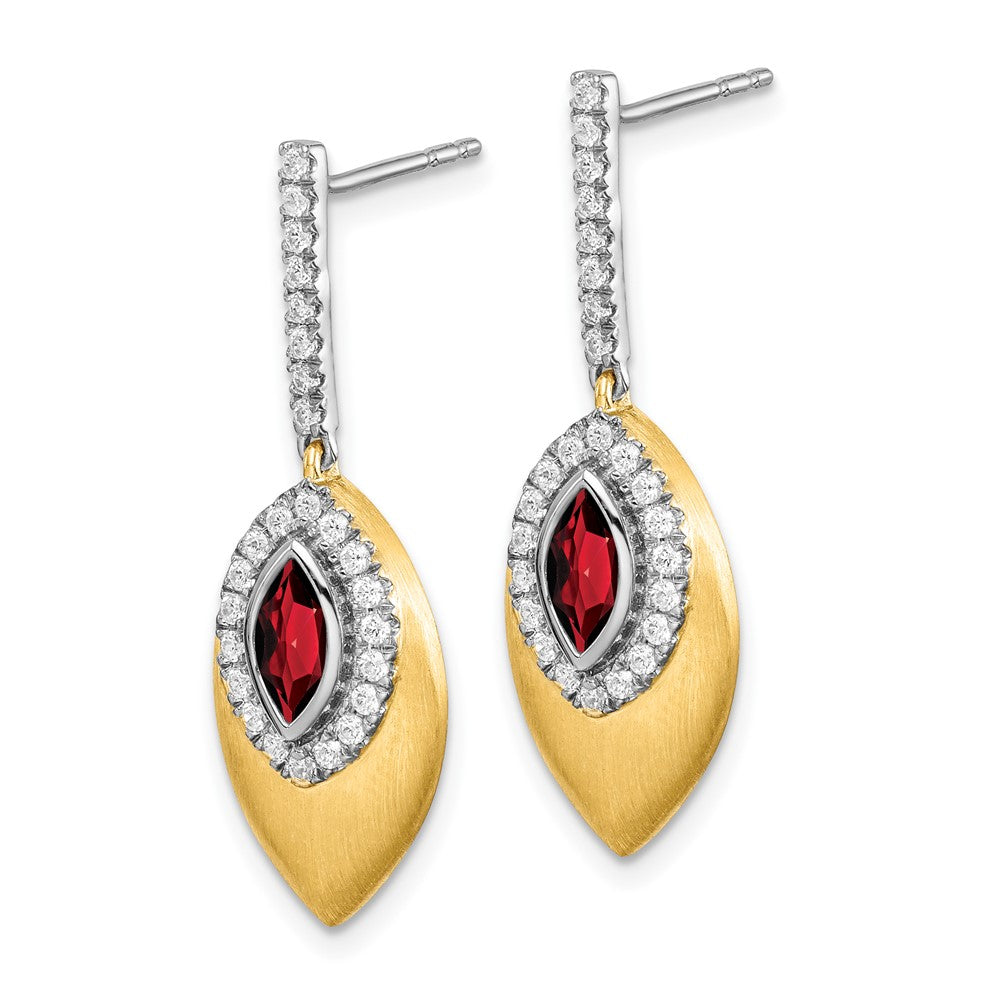 Solid 14k Two-tone Simulated Garnet and CZ Dangle Earrings