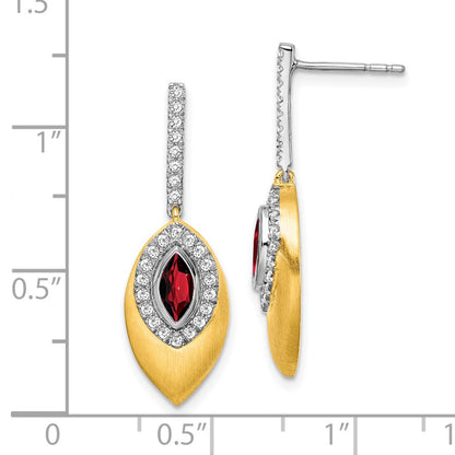 Solid 14k Two-tone Simulated Garnet and CZ Dangle Earrings