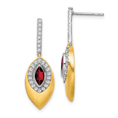 Solid 14k Two-tone Simulated Garnet and CZ Dangle Earrings