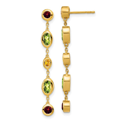 Solid 14k Yellow Gold Simulated Garnet Simulated/Simulated Peridot Citrine Dangle Earrings