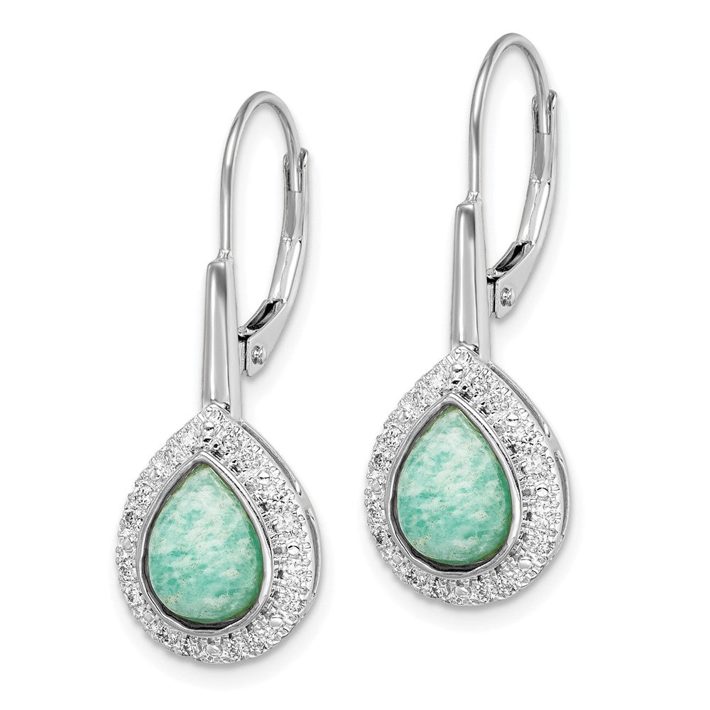 Solid 14k White Gold Pear Amazonite and Simulated CZ LeverbacK Earrings