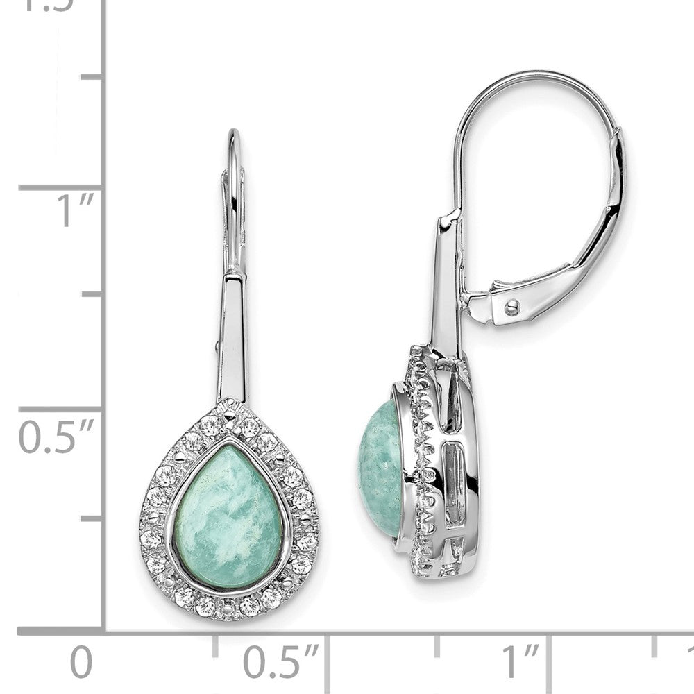 Solid 14k White Gold Pear Amazonite and Simulated CZ LeverbacK Earrings