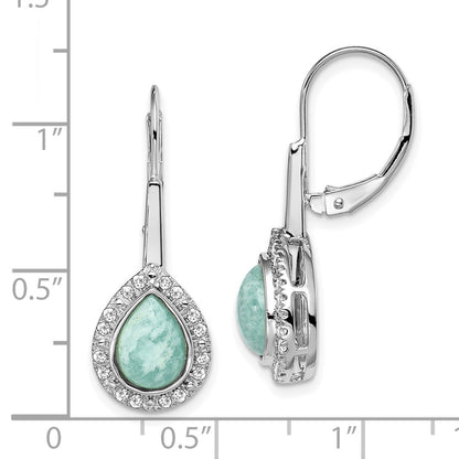 Solid 14k White Gold Pear Amazonite and Simulated CZ LeverbacK Earrings