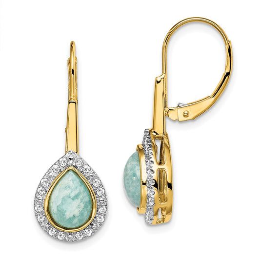 Solid 14k Yellow Gold Pear Amazonite and Simulated CZ LeverbacK Earrings