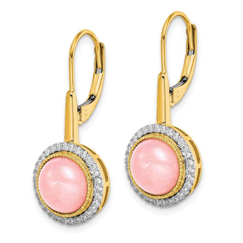 Solid 14k Yellow Gold Rose Quartz and Simulated CZ LeverbacK Earrings
