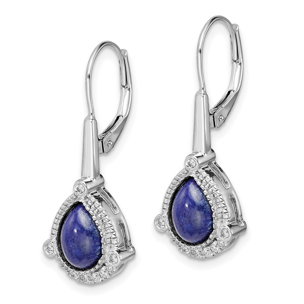 Solid 14k White Gold Pear Lapis and Simulated CZ LeverbacK Earrings