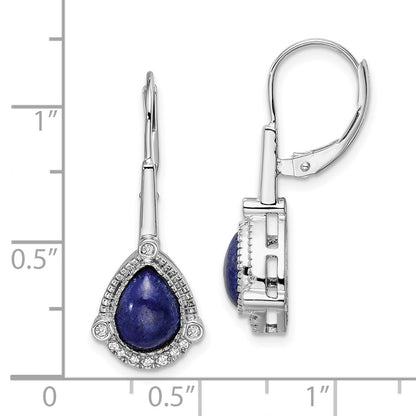 Solid 14k White Gold Pear Lapis and Simulated CZ LeverbacK Earrings