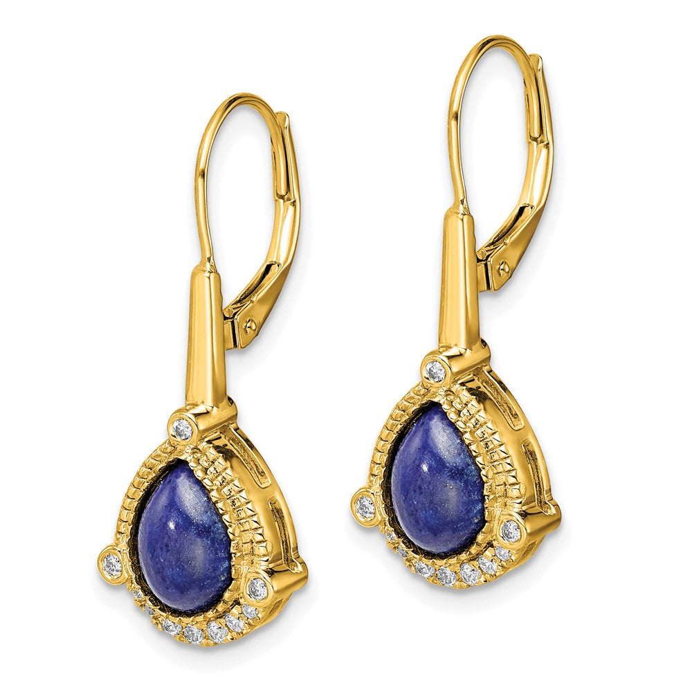 Solid 14k Yellow Gold Pear Lapis and Simulated CZ LeverbacK Earrings