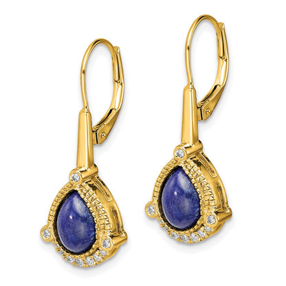 Solid 14k Yellow Gold Pear Lapis and Simulated CZ LeverbacK Earrings