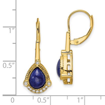 Solid 14k Yellow Gold Pear Lapis and Simulated CZ LeverbacK Earrings