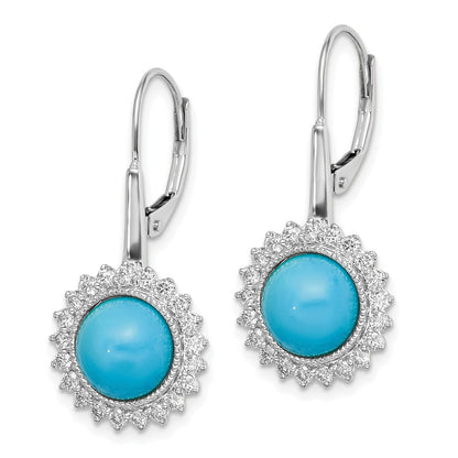 Solid 14k White Gold Simulated Turquoise and CZ LeverbacK Earrings