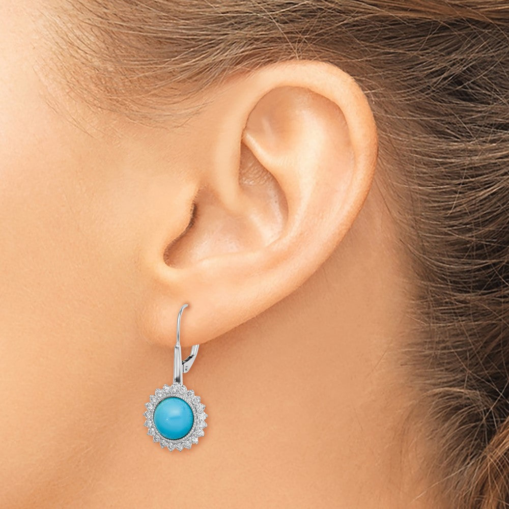 Solid 14k White Gold Simulated Turquoise and CZ LeverbacK Earrings