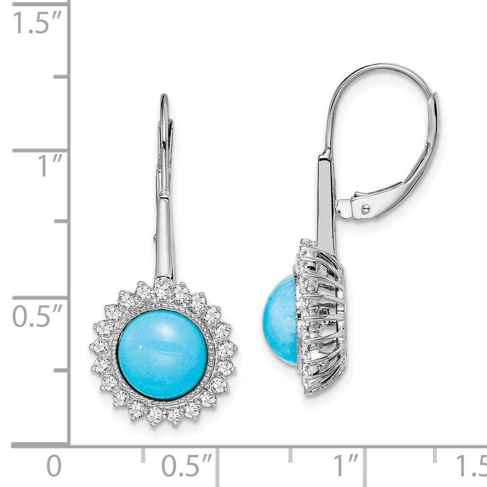 Solid 14k White Gold Simulated Turquoise and CZ LeverbacK Earrings