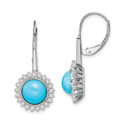 Solid 14k White Gold Simulated Turquoise and CZ LeverbacK Earrings