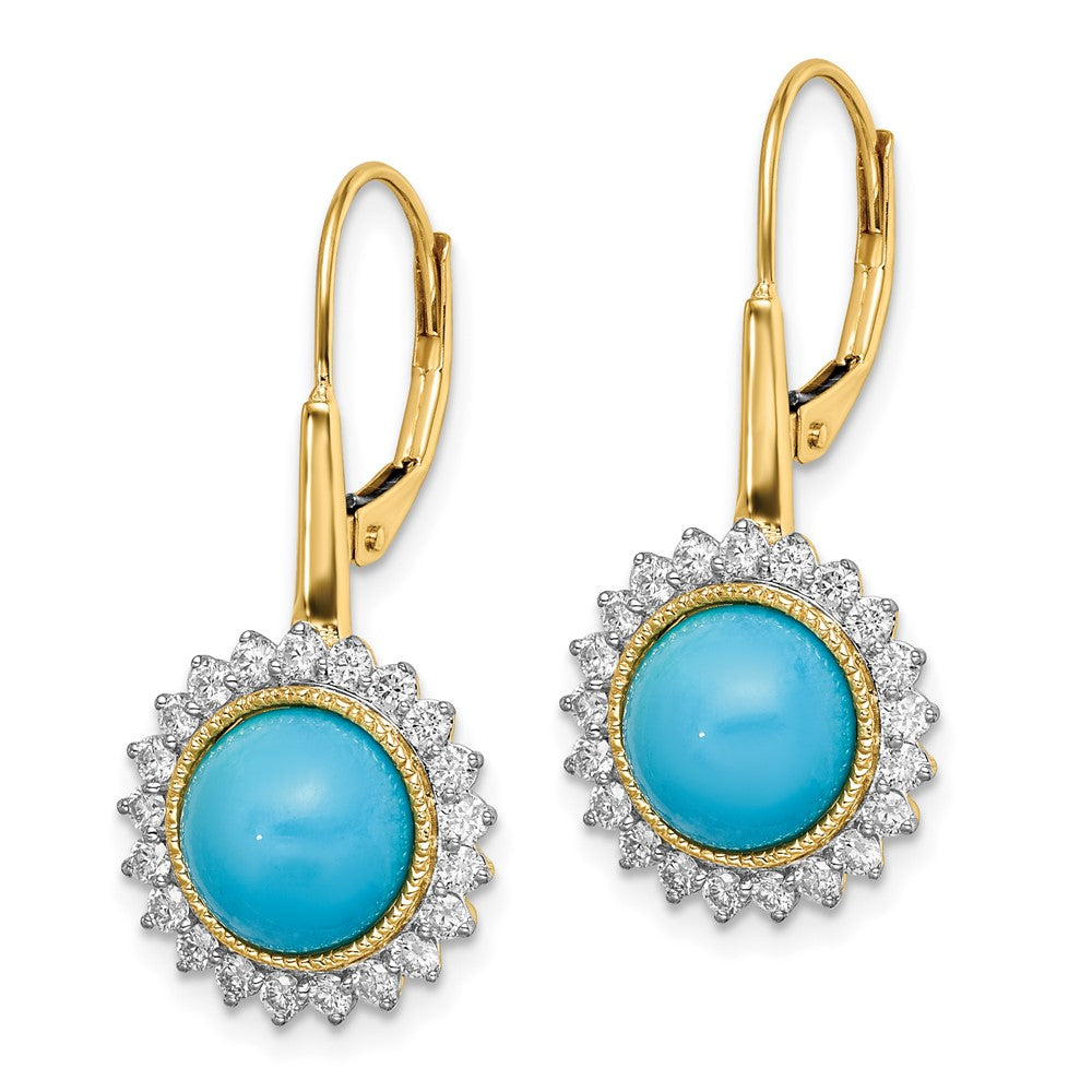 Solid 14k Yellow Gold Simulated Turquoise and CZ LeverbacK Earrings
