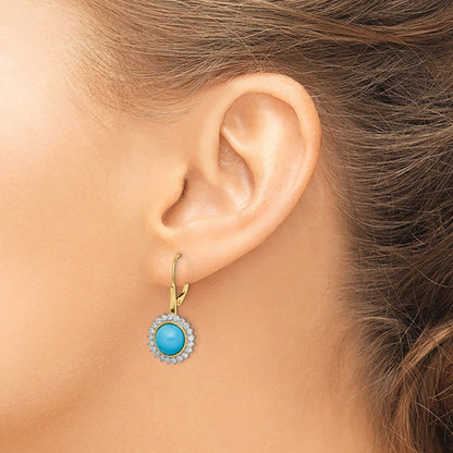 Solid 14k Yellow Gold Simulated Turquoise and CZ LeverbacK Earrings