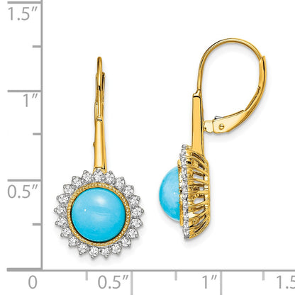 Solid 14k Yellow Gold Simulated Turquoise and CZ LeverbacK Earrings