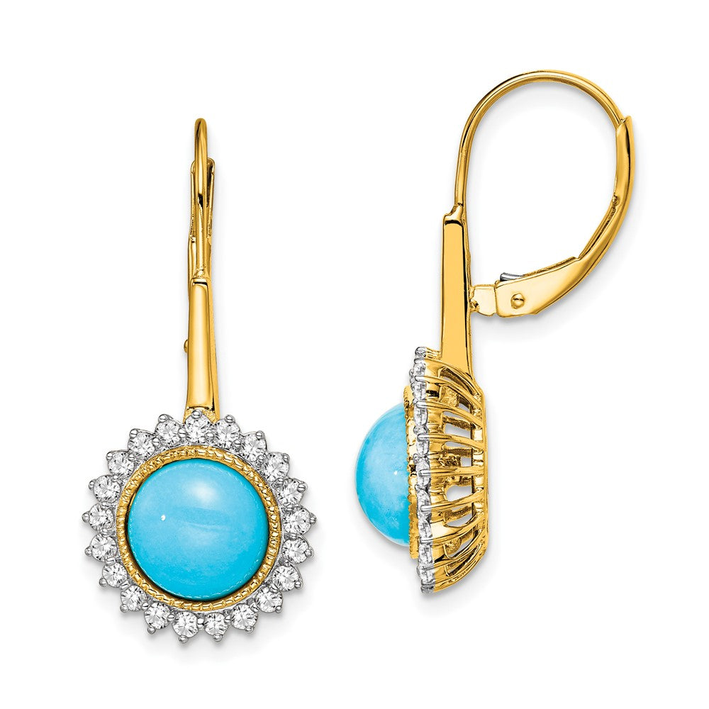 Solid 14k Yellow Gold Simulated Turquoise and CZ LeverbacK Earrings