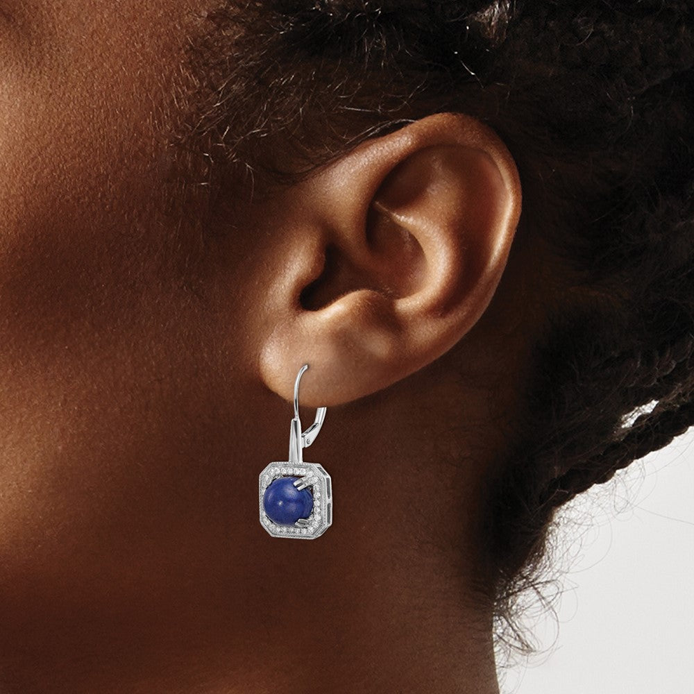 Solid 14k White Gold Lapis and Simulated CZ LeverbacK Earrings