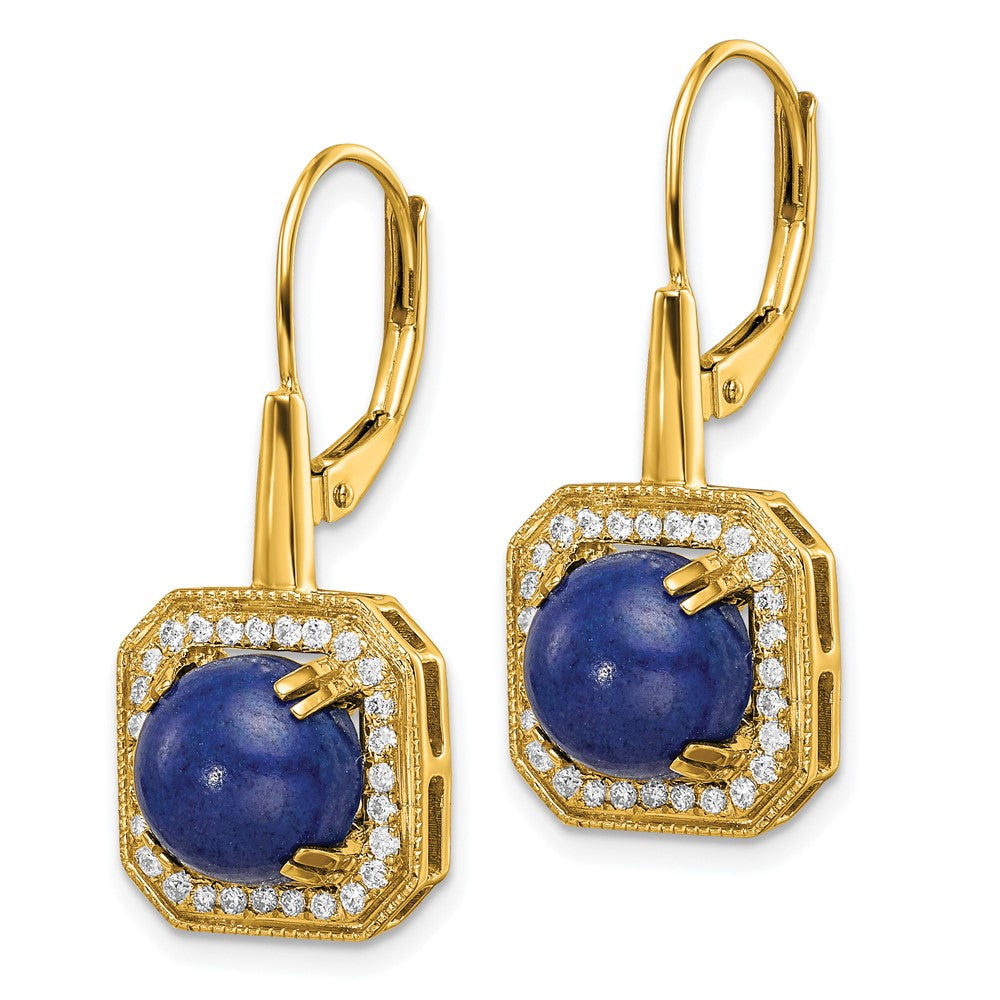 Solid 14k Yellow Gold Lapis and Simulated CZ LeverbacK Earrings