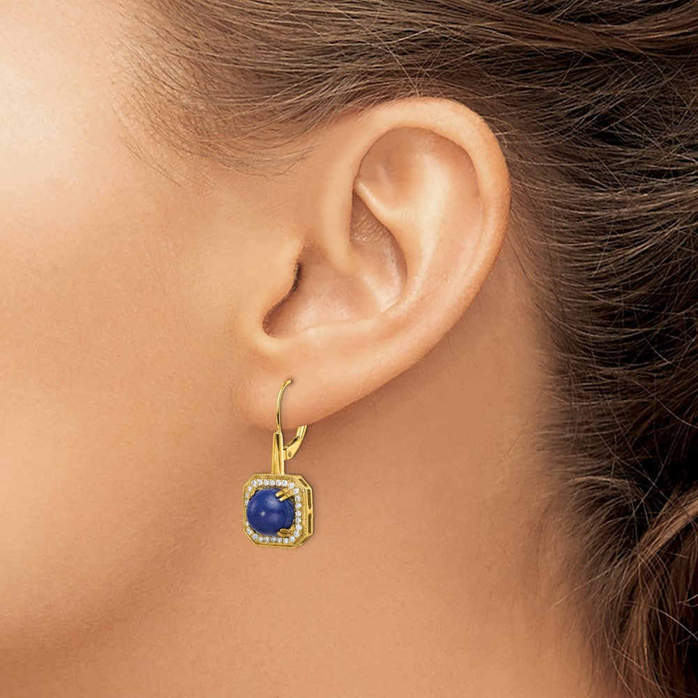Solid 14k Yellow Gold Lapis and Simulated CZ LeverbacK Earrings