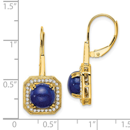 Solid 14k Yellow Gold Lapis and Simulated CZ LeverbacK Earrings