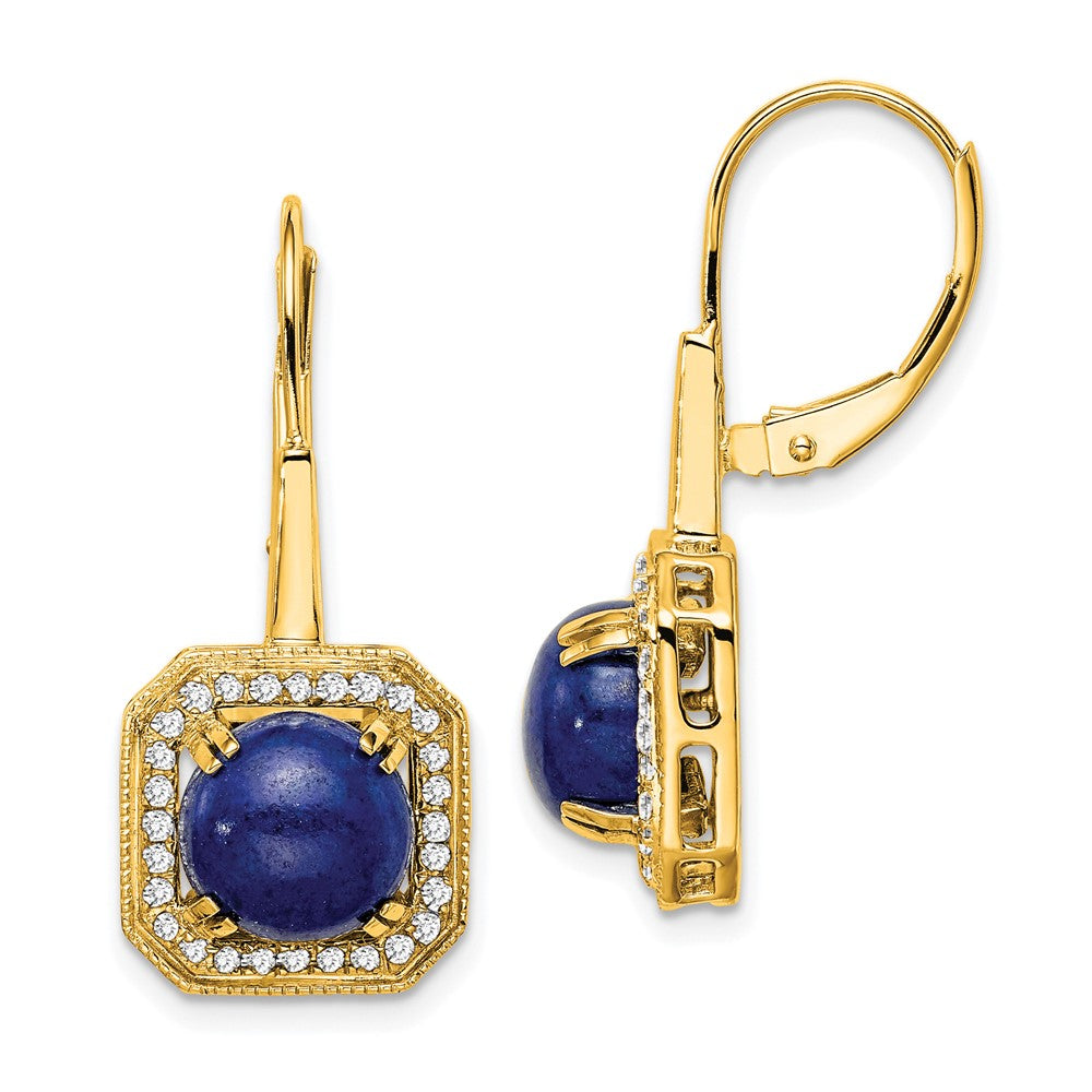 Solid 14k Yellow Gold Lapis and Simulated CZ LeverbacK Earrings