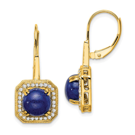 Solid 14k Yellow Gold Lapis and Simulated CZ LeverbacK Earrings