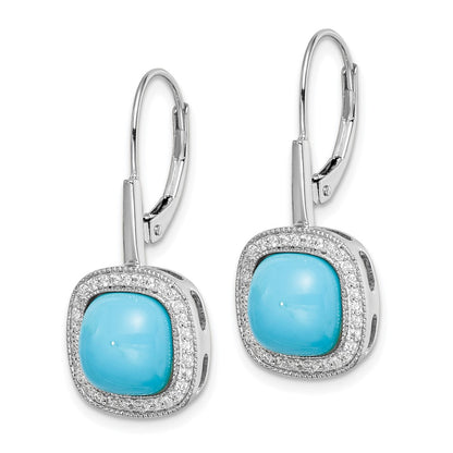 Solid 14k White Gold Simulated Turquoise and CZ LeverbacK Earrings