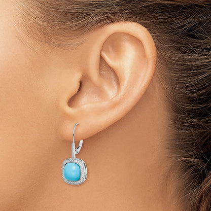 Solid 14k White Gold Simulated Turquoise and CZ LeverbacK Earrings