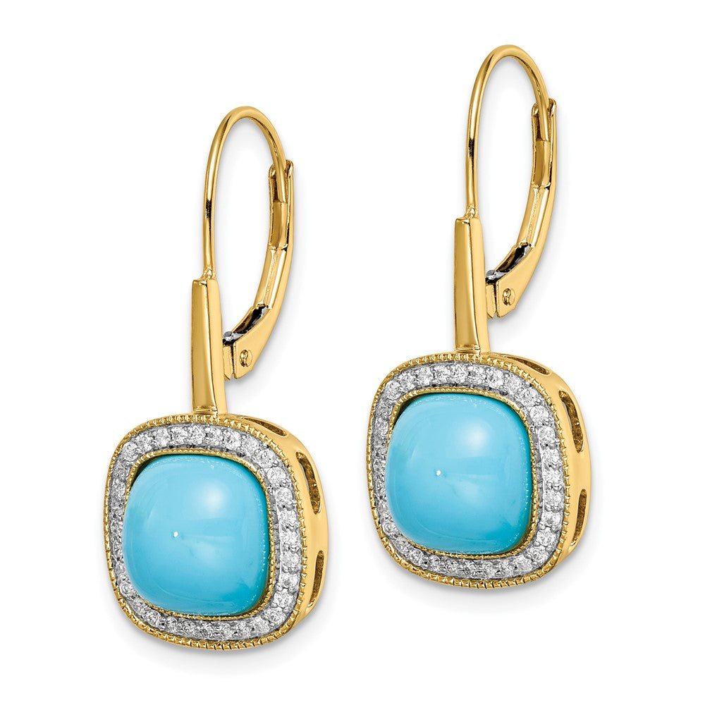 Solid 14k Yellow Gold Simulated Turquoise and CZ LeverbacK Earrings