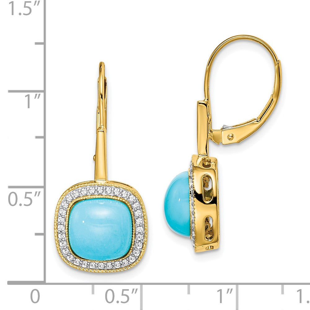 Solid 14k Yellow Gold Simulated Turquoise and CZ LeverbacK Earrings