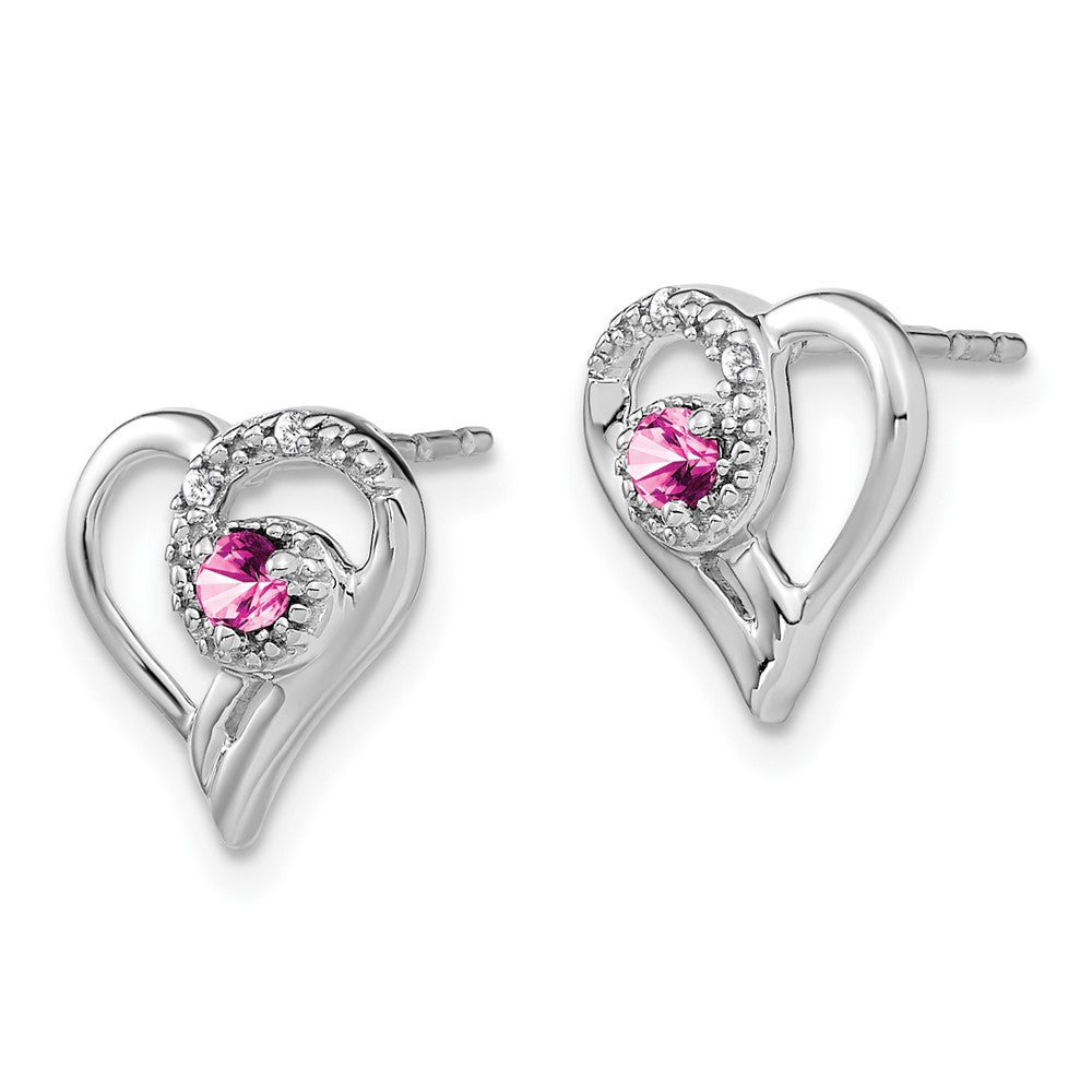 Solid 14k White Gold PinK Simulated Sapphire and CZ Heart Earrings