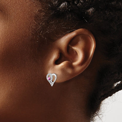 Solid 14k White Gold PinK Simulated Sapphire and CZ Heart Earrings