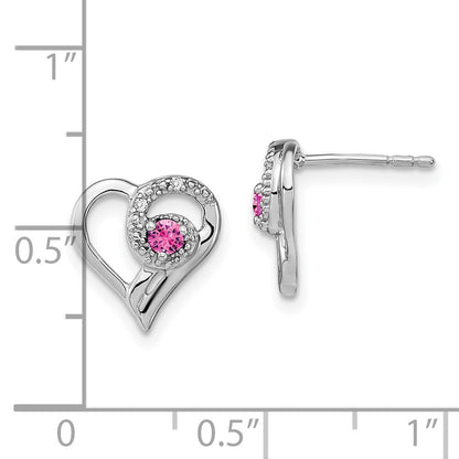 Solid 14k White Gold PinK Simulated Sapphire and CZ Heart Earrings