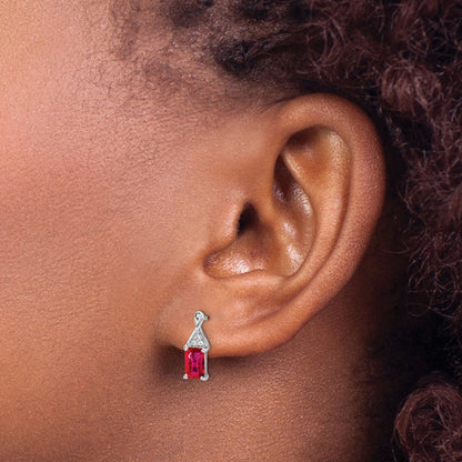 Solid 14k White Gold Simulated Ruby and CZ Earrings
