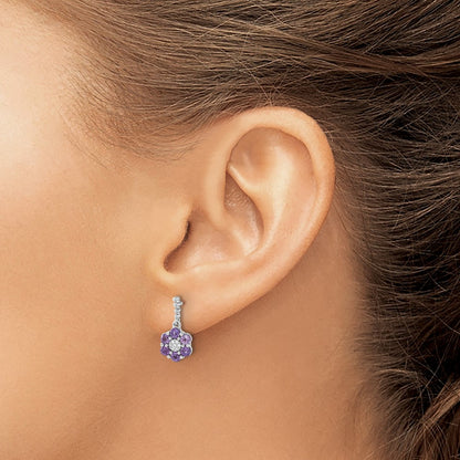 Solid 14k White Gold Simulated Amethyst and CZ Earrings