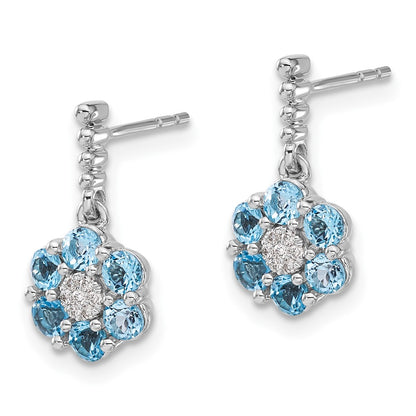 Solid 14k White Gold Simulated Blue Topaz and CZ Earrings