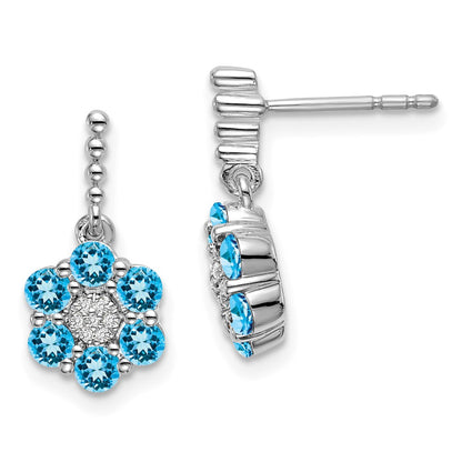 Solid 14k White Gold Simulated Blue Topaz and CZ Earrings