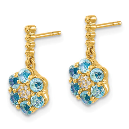 Solid 14k Yellow Gold Simulated Blue Topaz and CZ Earrings