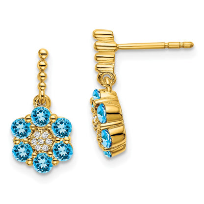 Solid 14k Yellow Gold Simulated Blue Topaz and CZ Earrings