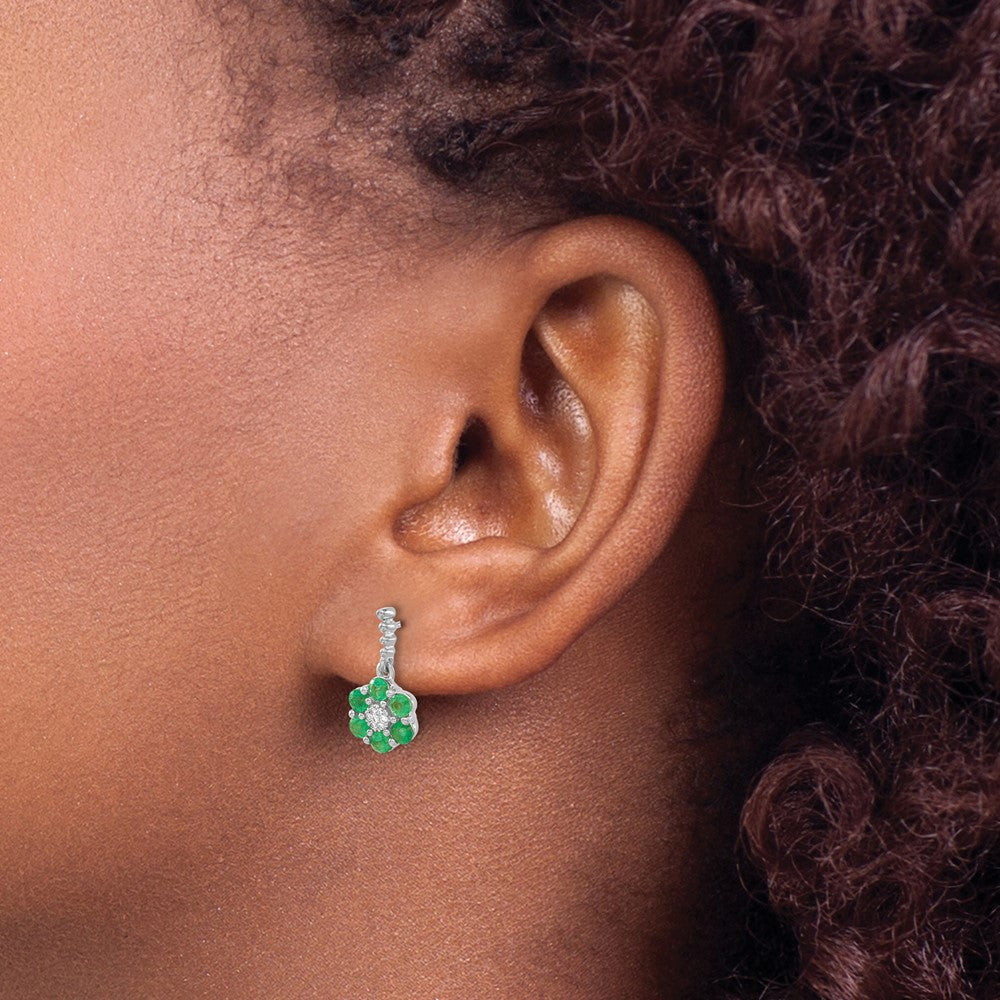 Solid 14k White Gold Simulated Emerald and CZ Earrings
