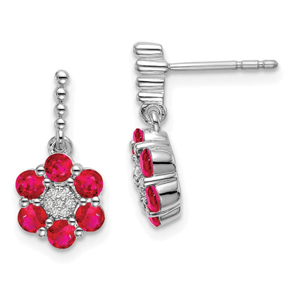 Solid 14k White Gold Simulated Ruby and CZ Earrings