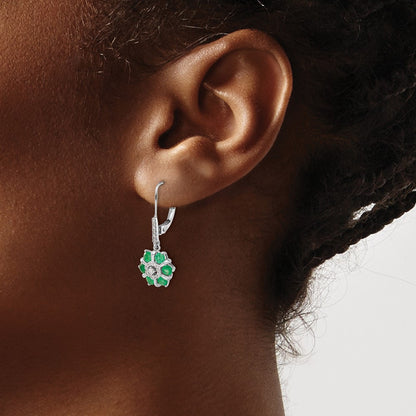Solid 14k White Gold Simulated Emerald and CZ LeverbacK Earrings