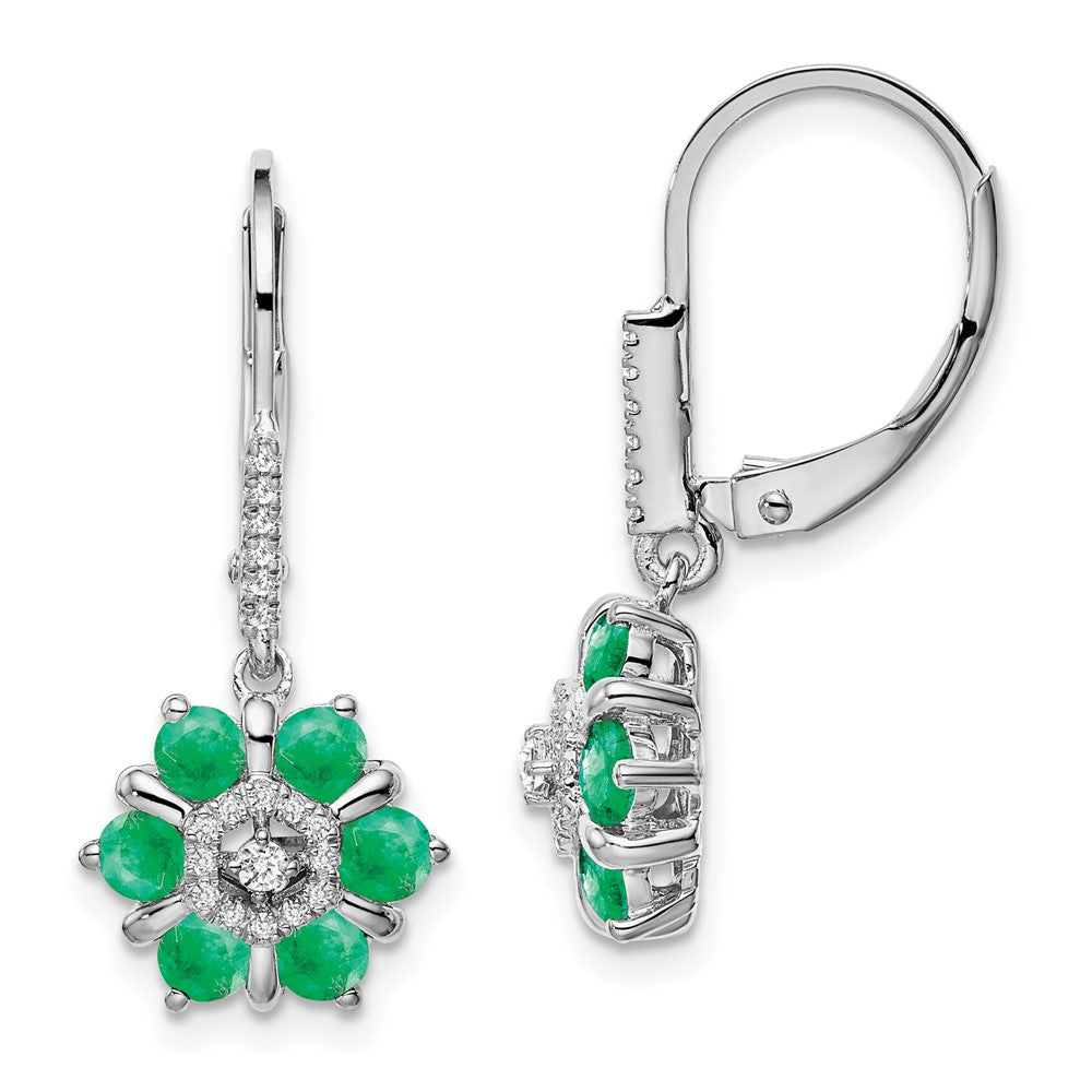 Solid 14k White Gold Simulated Emerald and CZ LeverbacK Earrings