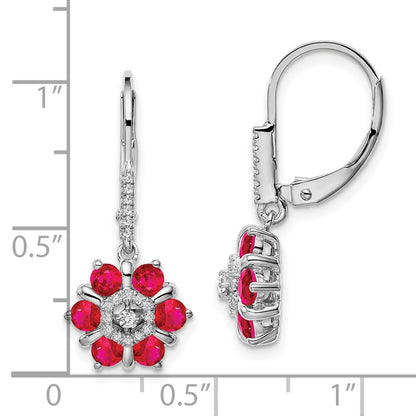 Solid 14k White Gold Simulated Ruby and CZ LeverbacK Earrings