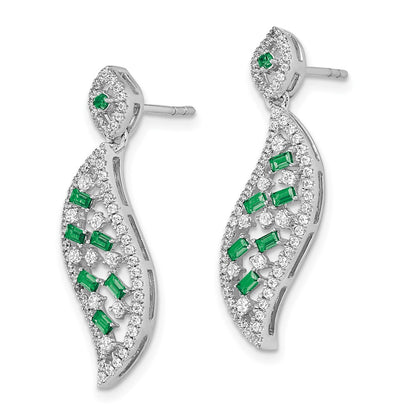 Solid 14k White Gold Simulated Emerald and CZ Wave Post Earrings