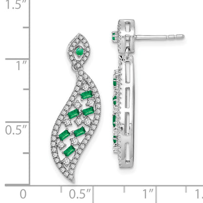 Solid 14k White Gold Simulated Emerald and CZ Wave Post Earrings